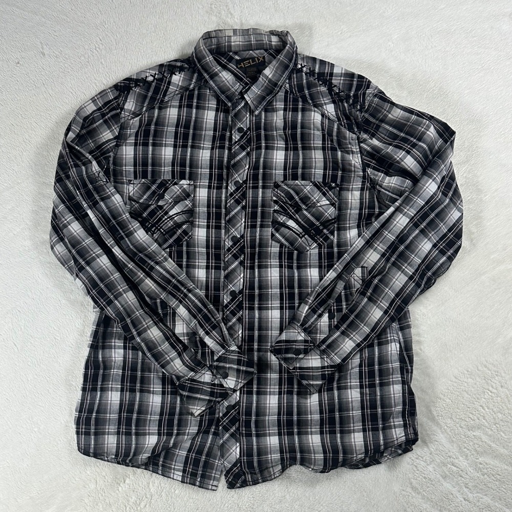 Helix Mens XL Black White Plaid Long Sleeve Button Down Shirt Whipstitch Western